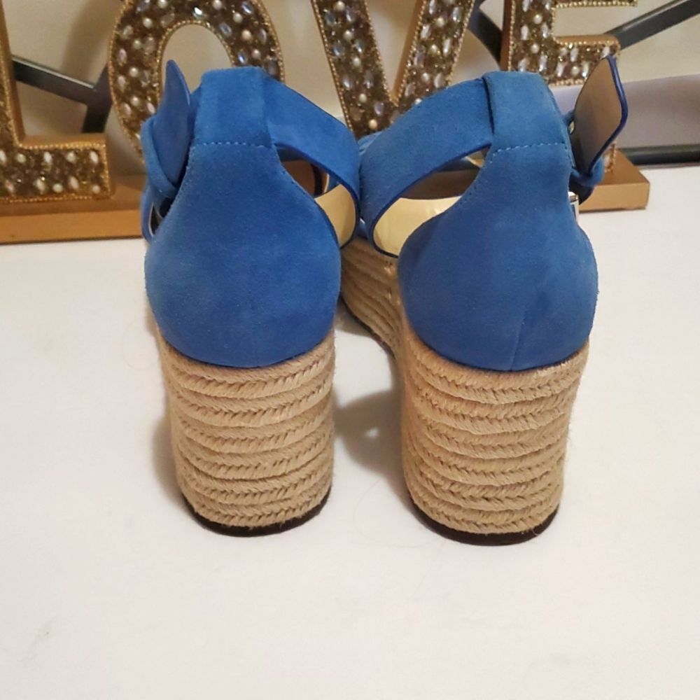 Marc Fisher Varin Blue Suede Woven Wedge Espadrille Sandals Sz 9.5 Cottagecore - Picture 4 of 12